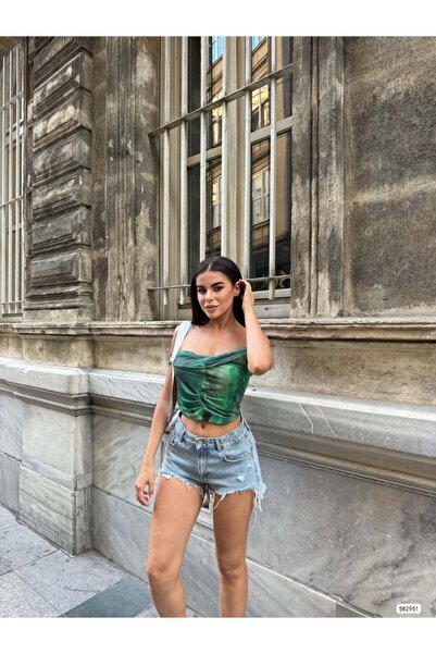 Modafeminen Green Boat Neck Gathered Crop Top 582951