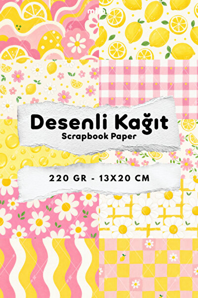 Mimu Art Studio Limon Papatya Ekose Dalga Desenli Kağıt Seti Scrapbook Kağıdı...