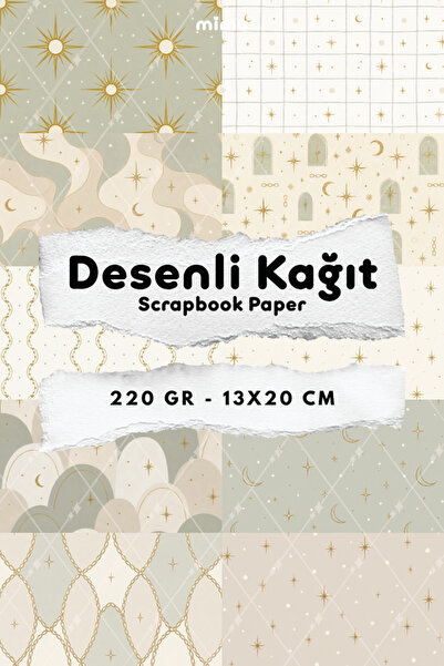 Mimu Art Studio Altın Ay Güneş Yıldız Zincir Desenli Kağıt Seti Scrapbook Kağ...