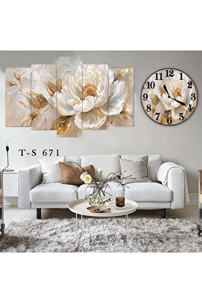 BellaaaModa Çiçekli Dekoratif Desenli Mdf Tablo 5 Parça Set ve Saatli Takım, ...