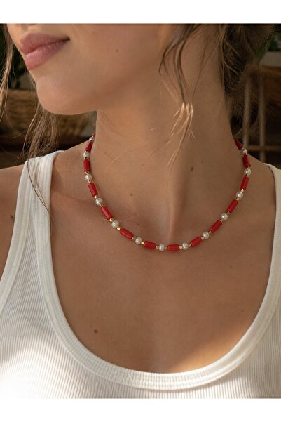 Sistersco Red Coral Beaded Pearl Detailed Gold Color Spaced Stylish Women's N...