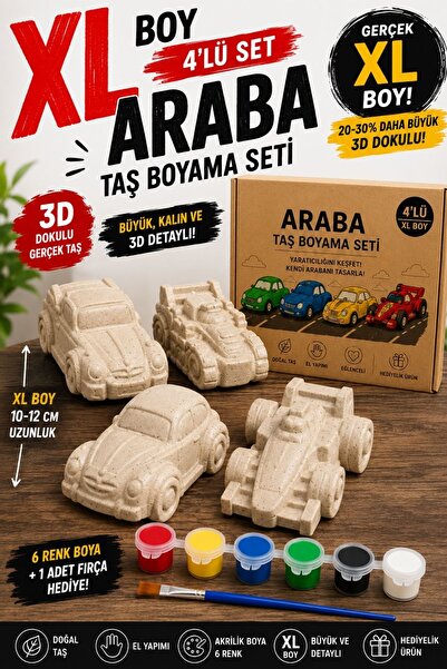 PAMEPAW (3D) Araba 4'lü Taş Boyama Seti – 4'lü Figür, 6 Renk Boya ve 1 Fırça ...