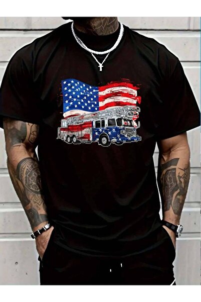 799 100% Cotton Retro Fire Truck Firefighter Fireman USA Flag 4th Of July T-S...