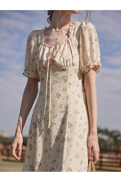 NO BRAND Rochie bej cu imprimeu floral, stil boho, cu șliț, mânecă scurtă, Si...