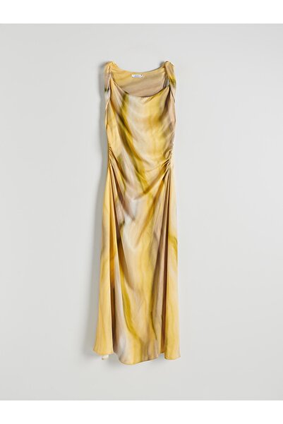 NO BRAND Rochie maxi clasică galbenă din satin cu efect tie-dye, croială drea...