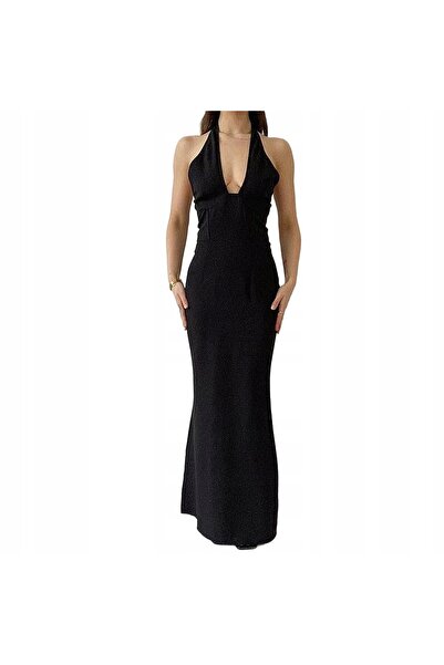 NO BRAND Rochie de seară maxi neagră, cu guler halter, uni, Prettylittlething 40