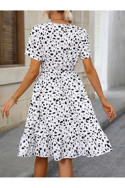 NO BRAND Rochie albă clasică cu buline negre, mâneci scurte, elastic, Shein 38