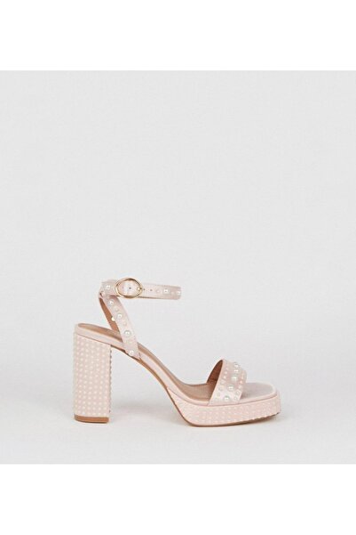NO BRAND Sandale roz din satin cu mărgele, toc bloc, Oasis 40