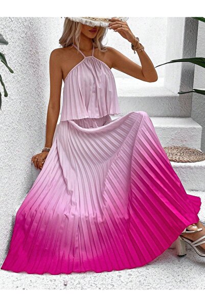 NO BRAND Set roz, top plisat, fustă maxi, model ombre, Shein 38