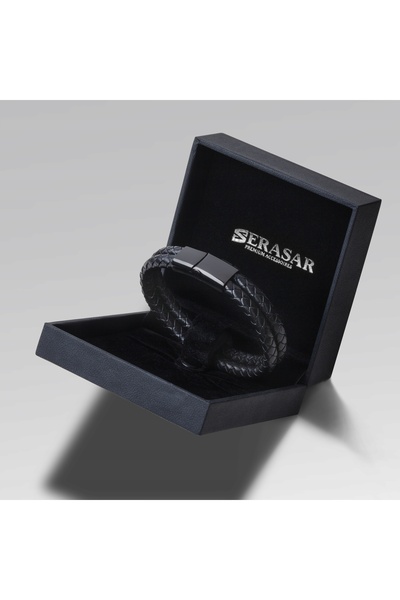 NO BRAND Serasar, Brățară din piele pentru bărbați [Duble] Neagră, 23cm