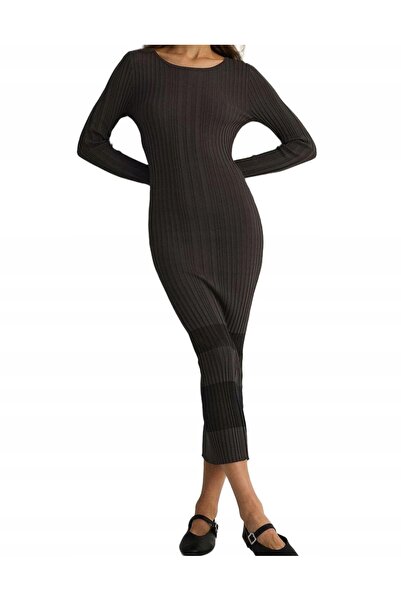 NO BRAND Rochie tricotată gri închis cu dungi, cu mânecă lungă, Stripesd Rese...