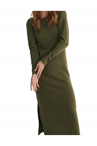 NO BRAND Rochie Khaki Netedă Dreaptă Midaxi Clasică cu Mânecă Lungă Reserve S