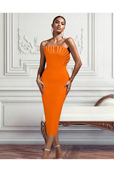 NO BRAND Rochie bandaj tip creion, portocaliu neon, cu volane, stil Bardot, S...
