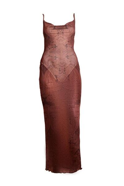 NO BRAND Rochie maxi maro cu imprimeu și bretele, din plasă, Prettylittlethin...