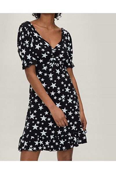 NO BRAND Rochie mini neagră din viscoză cu imprimeu stelar, mânecă scurtă, mă...