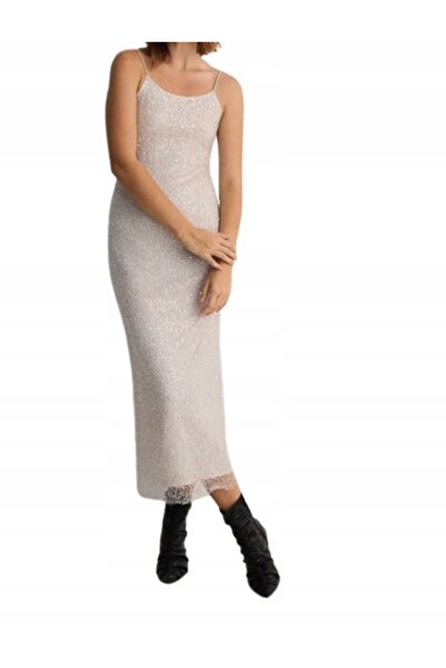 NO BRAND Rochie clasică cu bretele, cu paiete, crem, Midaxi, Reserve L