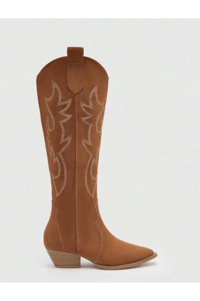 NO BRAND Cizme cowboy maro, brodate, cu vârf ascuțit, din piele întoarsă ecol...