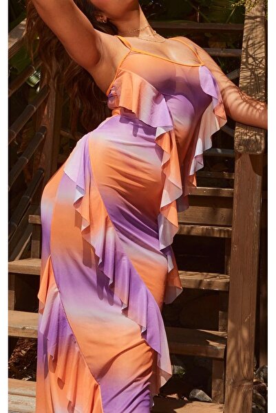 NO BRAND Rochie maxi multicoloră din plasă cu volane Prettylittlething 36