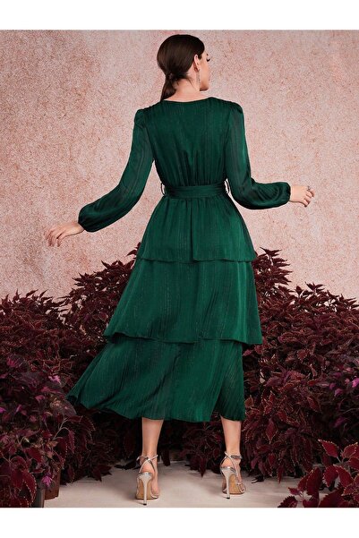 NO BRAND Rochie verde Midaxi Mâneci lungi Volane Decolteu în V Shein 40/42