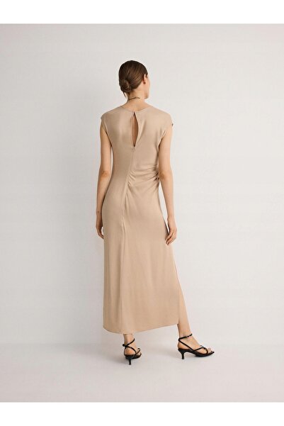 NO BRAND Rochie Midaxi bej, cu șliț, drapată, guler rotund tip colier, Reserve m