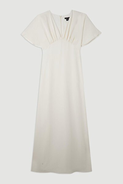 NO BRAND Rochie Maxi Prosta, Decolteu în V, Mâneci Scurte, Ecru, Drapată, Kar...