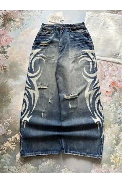 ARS Butik Pantaloni largi unisex, albastru marin, cu imprimeu tribal alb, sti...