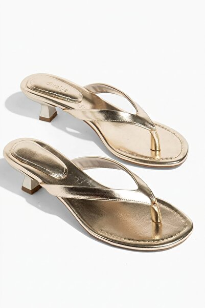 DİVOLYA Talyano Gold (3 cm Heeled) Caged Short Heeled Sandals with Gold Buckl...