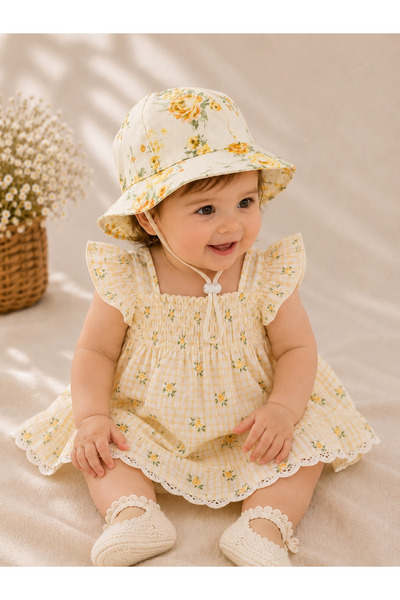 Minimissbaby Yellow Floral Poplin Fabric Baby Girl Hat