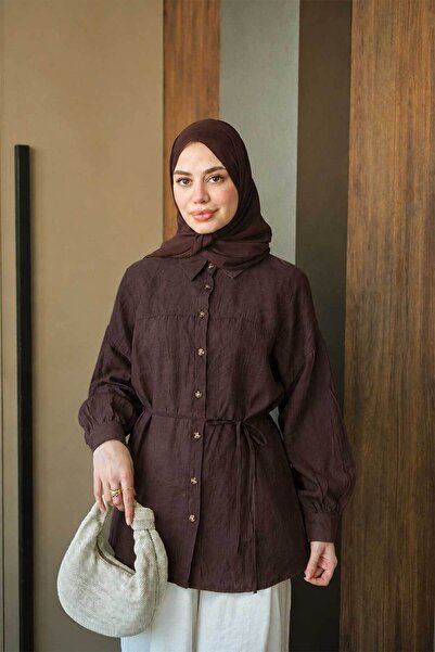 LOCCO Women's Front Hem Detail Waist Tie Shirt Brown