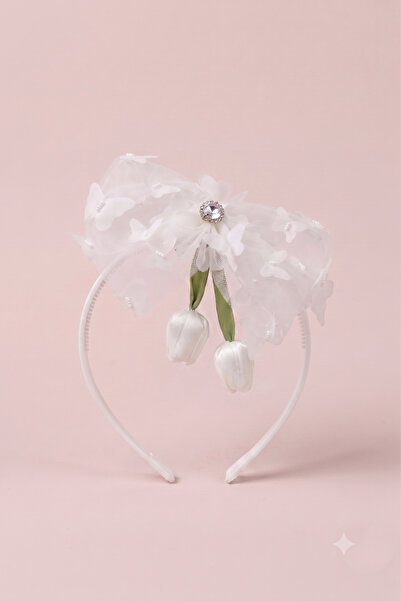 Le Mabelle Ecru Tulip Figured Butterfly Tulle Stone Crown for Girls