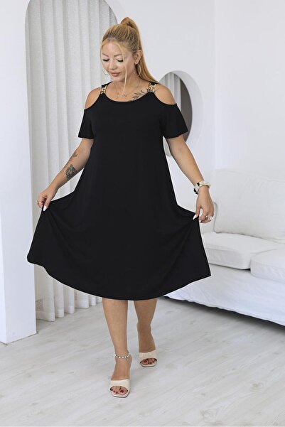 Siyezen Plus Size Cotton Lycra Dress with Gold Accessories on the Shoulders
