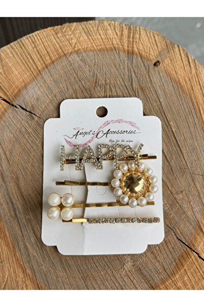 AngelsAccessories Σετ 4 Τσιμπιδάκια Μαλλιών με Πέρλες και Στρας-Happy