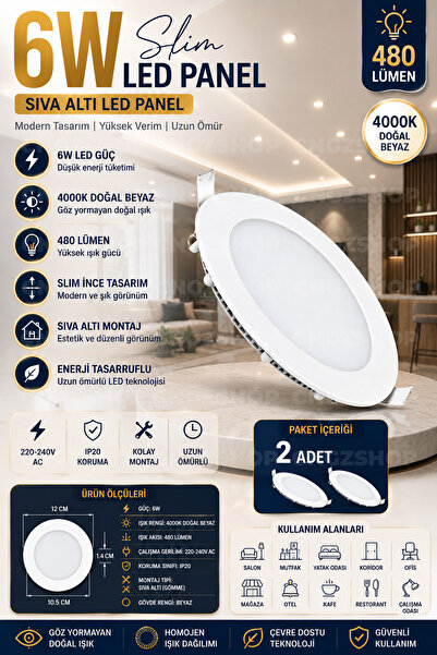 CNGZSHOP 6W Sıva Altı Slim LED Panel 2 adet 4000K Doğal Beyaz Gömme Tavan Spo...