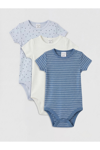 LC Waikiki Lcw Baby Blue Patterned Baby Boy Short Sleeve Snap Body 3-Pack