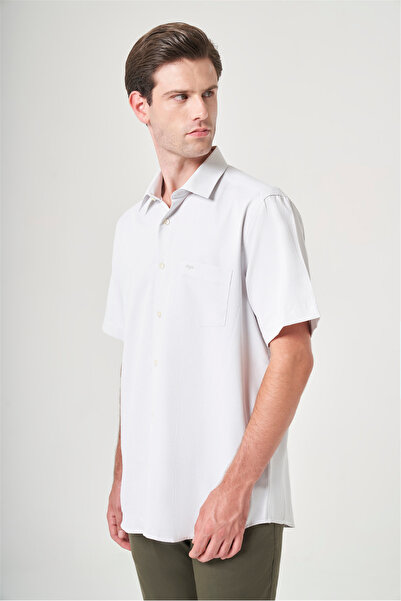 İmza White-Beige Hard Collar Short Sleeve Pocketed Comfort Fit Cotton Shirt 1...