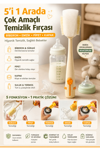 LA VAGUE 5'i 1 Arada Biberon ve Emzik Temizleme Fırçası Seti – Pipet, Suluk, ...