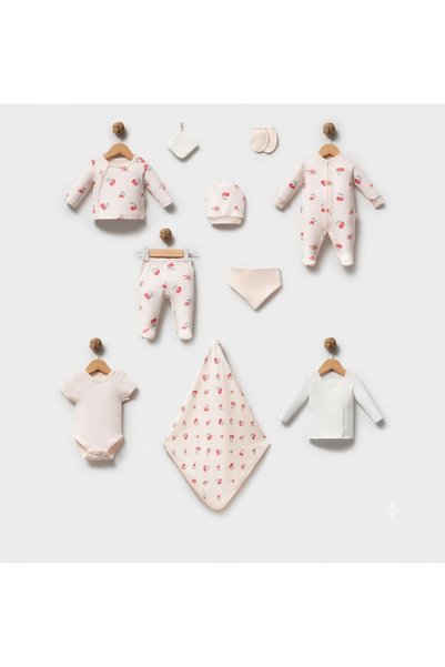 Benbebek 100% Organic Fabric Cherry Patterned Hospital Discharge Set of 10