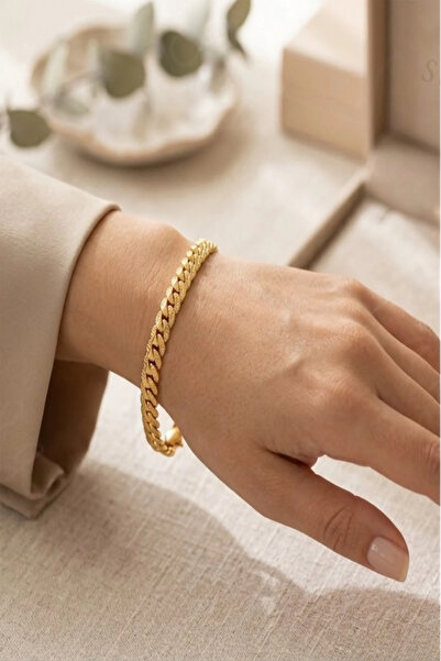 SEVGİLİ TAKI Flat Model Snake Gold Steel Chain Bracelet |   Metoo Series