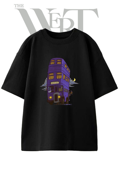 THEWERT تي شيرت أسود كبير الحجم مطبوع بتصميم Knight Bus للجنسين