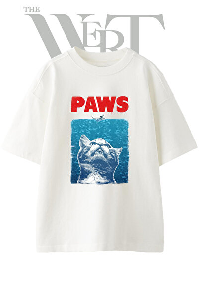 THEWERT Paws Cat Design Printed Unisex White Oversize T-Shirt