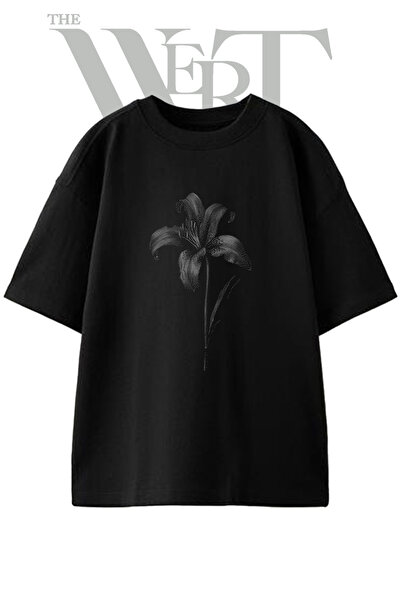 THEWERT Μπλουζάκι με στάμπα Lily Design, Unisex, Μαύρο, Oversize