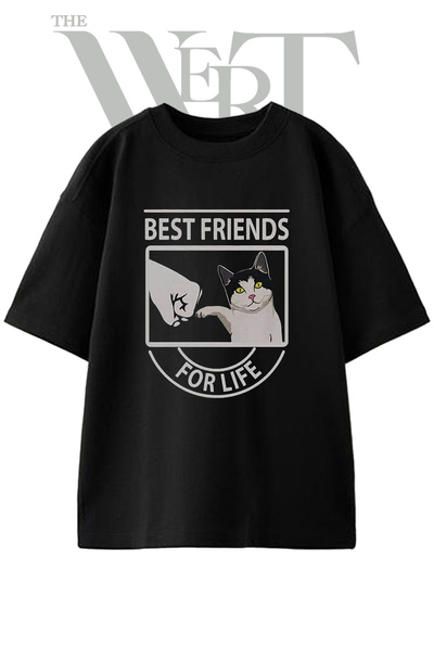 THEWERT Best Friends Cat Design Printed Unisex Black Oversize T-Shirt