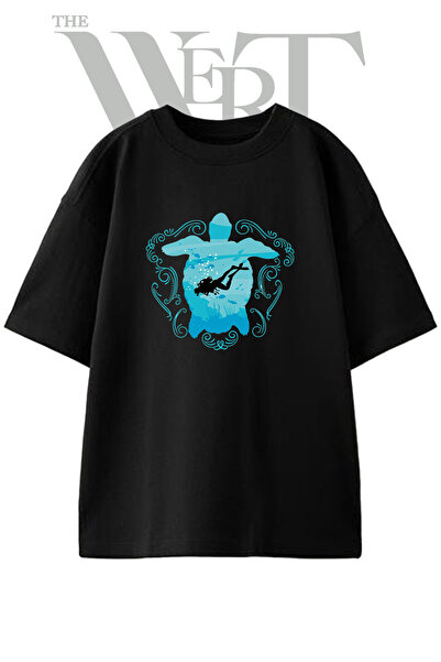 THEWERT Turtle Diver Design Printed Unisex Black Oversize T-Shirt