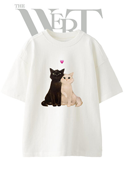 THEWERT Black White Cat Design Printed Unisex White Oversize T-Shirt