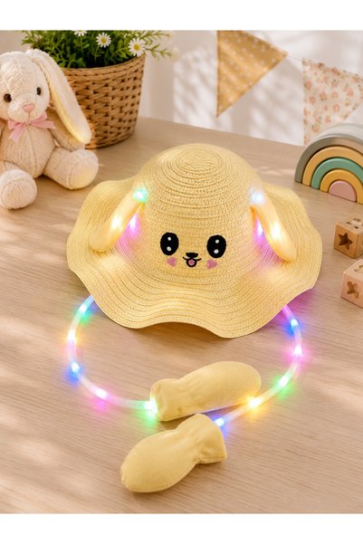 EdButikModa Cute Rabbit Ears Kids Straw Hat with Led Lights – Colorful Light-...