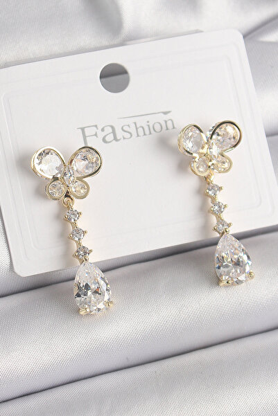 Mega Bazaar Brass Gold Color Zircon Stone Butterfly Model Dangle Drop Zircon ...