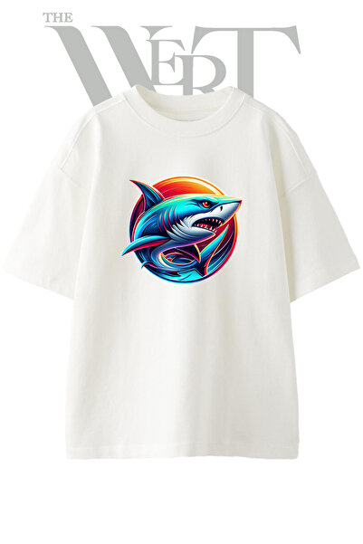 THEWERT Shark Logo Design Printed Unisex White Oversize T-Shirt