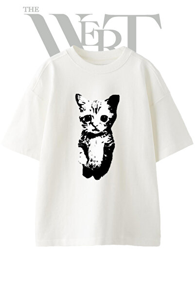 THEWERT Tricou oversize alb unisex cu imprimeu cu design siluetă de pisică