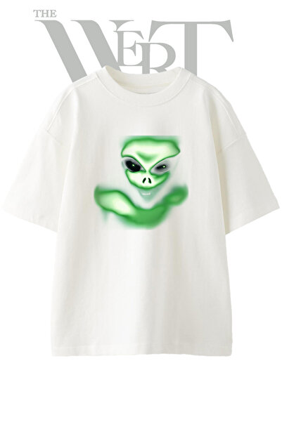 THEWERT Tricou supradimensionat alb unisex cu imprimeu Green Alien_1 Design