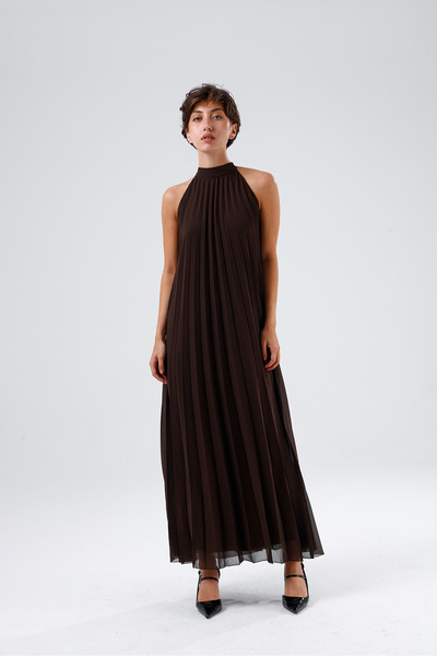 Sense Lined Pleated Long Evening Dress |   Elb3512 Coffee